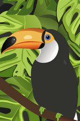Fototapeta premium A colorful toucan perches on a branch amidst lush green foliage