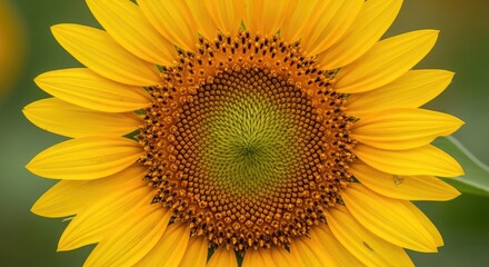 Obraz premium A vibrant sunflower with a rich, dark brown center and bright yellow petals, set against a blurred green backdrop.