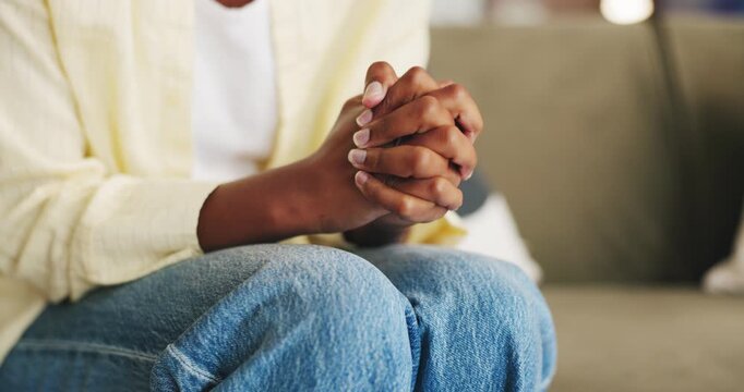 Hands, woman and nervous with anxiety in office for paranoid, emotional tension and ptsd. Person, fidget and restless with stimming distress, trauma response and overwhelmed for psychology counseling