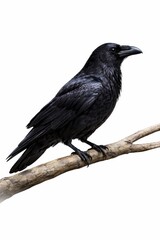 Obraz premium majestic black raven perched on a smooth bare branch folded wings rich layered plumage isolated on white background