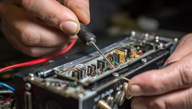 Person repairing audio recorder using tools and electronic components