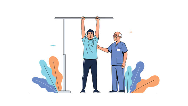 Medical professional assisting a young man performing pull-ups on a horizontal bar for physical rehabilitation and exercise.