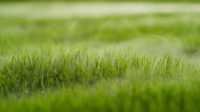 Slow motion tracking shot of dewy grass blades swaying across meadow at sunrise with shallow depth of field