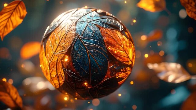 A sphere with leaf designs and fallen leaves against an ethereal background