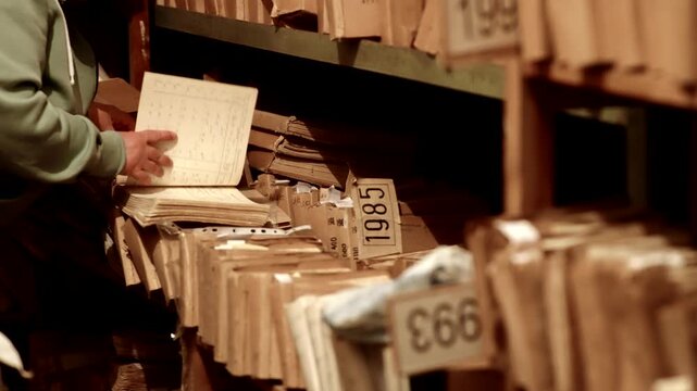 Archivist Searching Through Old Paper Records In Basement. For Searching Information In Historical Archive. Repository Of Forgotten Knowledge
