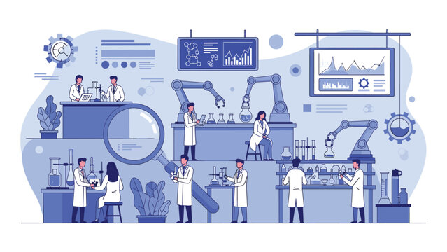 Team of dedicated scientists in white coats works in a high-tech laboratory with advanced robotic arms and research equipment.