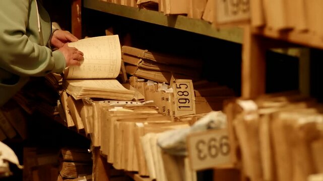 Clerk Searching For Information In Vintage Archive Repository.  
Examining Historical Records From Past Years