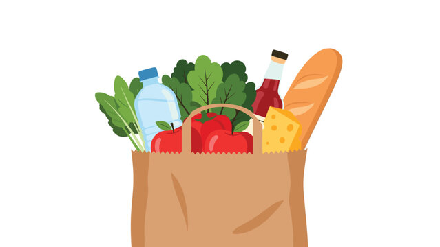 Brown paper grocery bag overflowing with healthy fresh food including vegetables fruit water bread cheese and a glass bottle.