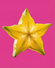 Fototapeta premium Vibrant Yellow Star Fruit Slice Illuminated Against a Bright Pink Background, Exotic Tropical Fruit Healthy Food Concept