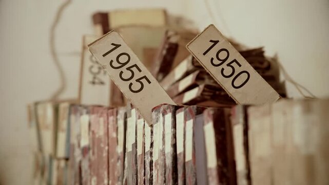 Archive With Old Folders And Year Labels 1950 And 1955. Forgotten Archives From Mid-Century. Old Bookcases With Document Folders