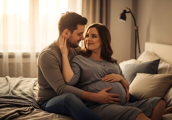 Obraz premium Pregnant couple embraces intimately on a bed during the daytime indoors