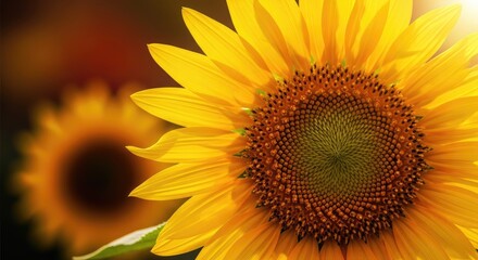 Obraz premium A vibrant sunflower with a rich, dark brown center and bright yellow petals, standing tall against a backdrop of a clear blue sky.