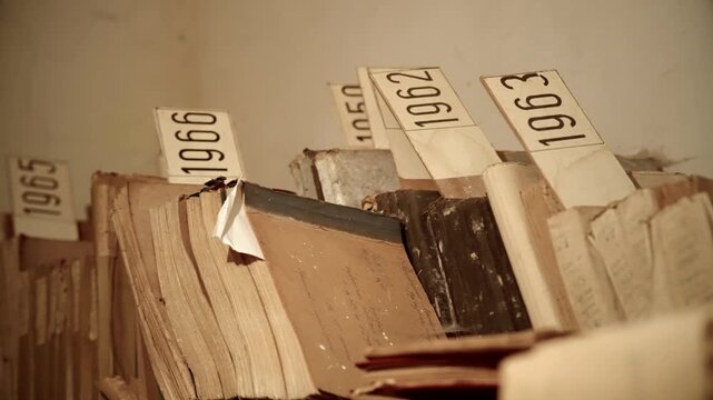 Rows Of Old Historical Records. Dusty Paper Files In Storage Basement. Secret Documentation And Bureaucracy Heritage