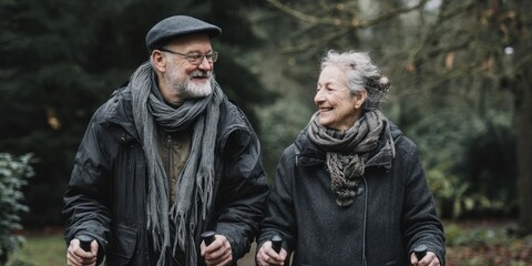 Obraz premium Senior couple enjoying nordic walking outdoors in a forest park