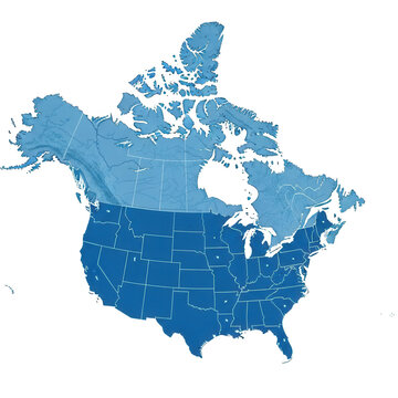 A blue map of canada and the united states isolated on transparent background
