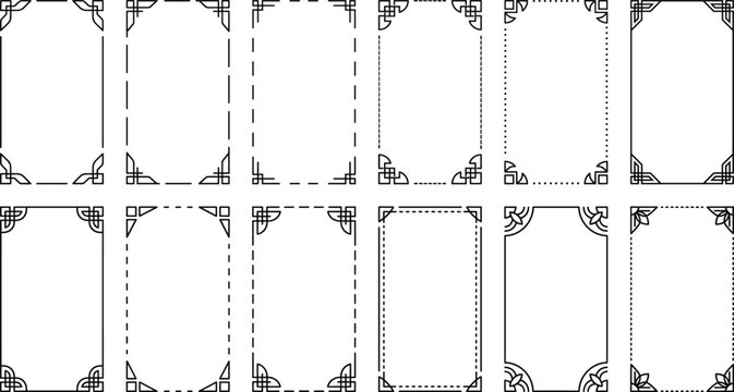 Set of simple minimalist decorative frames and borders with geometric corner ornaments in black line art