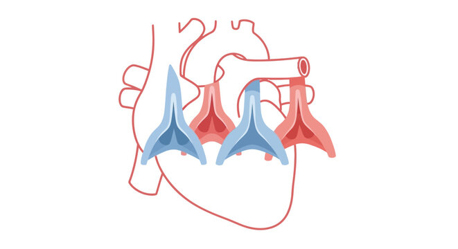 Detailed illustration of human heart valves and chambers.