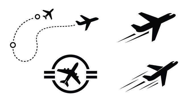 Black silhouettes of airplanes in flight with contrails and radar icon