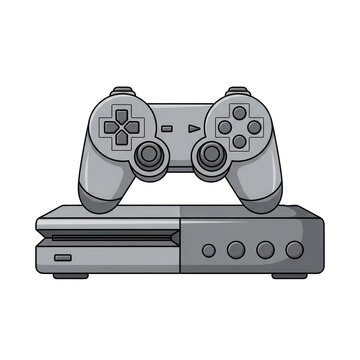 A gray playstation 4 console with a dualshock 4 controller on top isolated on transparent background