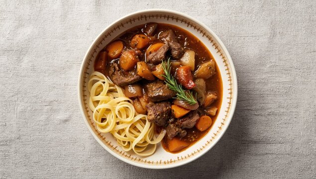 Classic German venison stew with vegetables and tagliatelle in a sweet and spicy chocolate red wine sauce, presented in a Nordic-style bowl with empty space.