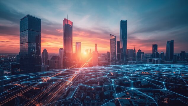 Connection of smart city and abstract polygon patterns with light speed lines and big data technology.