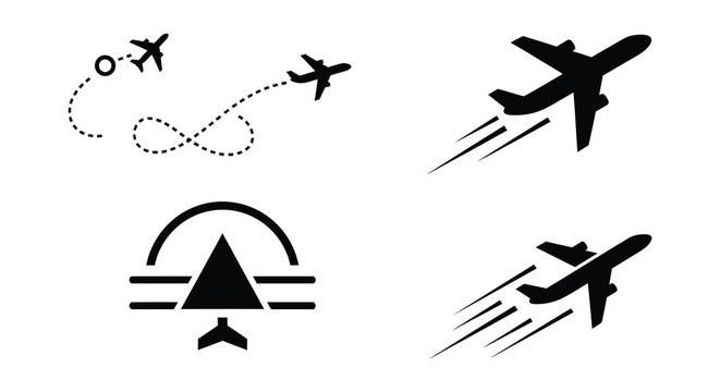 Black silhouettes of airplanes in flight with contrails and radar icon