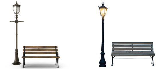 Photograph of two classic street furniture arrangements, featuring ornate lamps and wooden benches. © Feroz Qazi