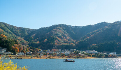 Fototapeta premium Mount Fuji, the iconic symbol of Japan, during the season of autumn foliage, a period of exceptional beauty.kawaguchiko,japan.