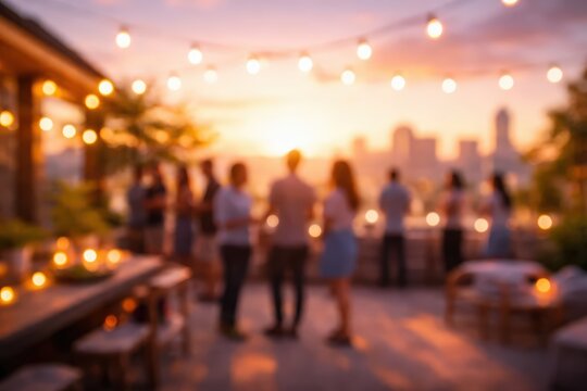 blurred abstract background rooftop party evening sunset city skyline people social gathering bokeh lights warm glow festive summer celebration event