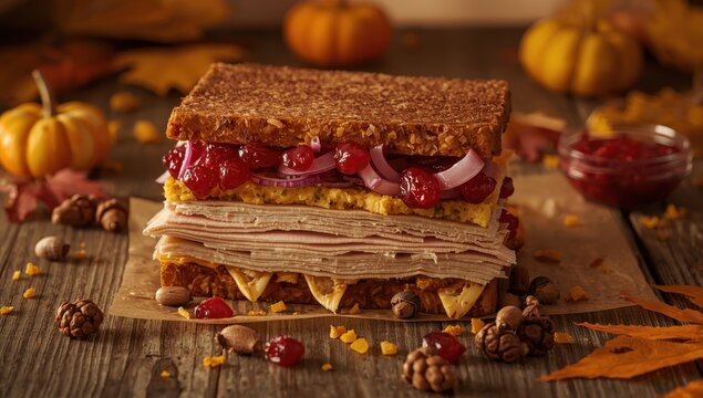 Thanksgiving leftovers sandwich featuring turkey, cranberry sauce, onions, mayonnaise, and stuffing. Overhead shot.