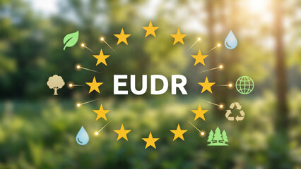Fototapeta premium EUDR European Union deforestation regulation concept with environmental sustainability icons for forest protection water conservation recycling global trade compliance and ecological governance