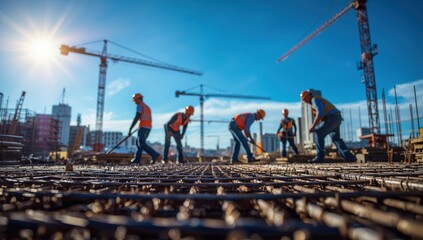 Naklejka premium Out-of-focus scene of a construction team handling steel rebar under a clear blue sky, prioritizing safety and accuracy in foundation work for a new project.