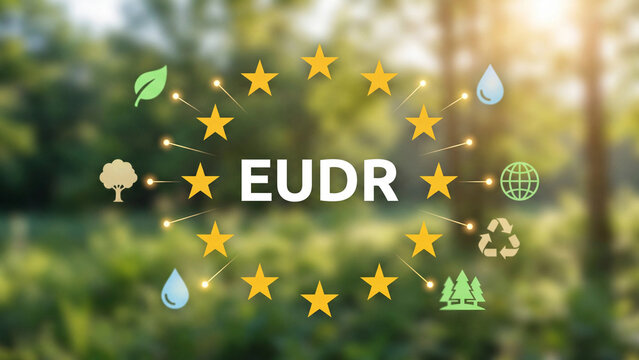 EUDR European Union deforestation regulation concept with environmental sustainability icons for forest protection water conservation recycling global trade compliance and ecological governance
