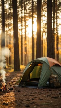 Camping tent and campfire in a forest at sunset.