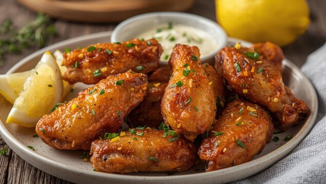 crispy lemon pepper chicken wings seasoned with thyme