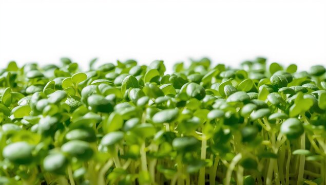 Watercress microgreens. Cress sprouts on a light backdrop. Blurred image with space for text above.