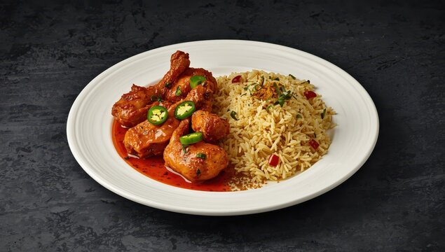 Spicy fried chicken with green chili and Peshawar rice on a white plate against a dark backdrop.