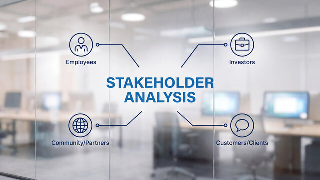 Stakeholder analysis framework diagram identifying employees investors customers clients and community partners for corporate strategic planning governance and organizational decision making