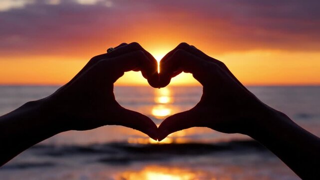 Hands forming heart shape against golden sunset over ocean waves romantic summer vacation concept