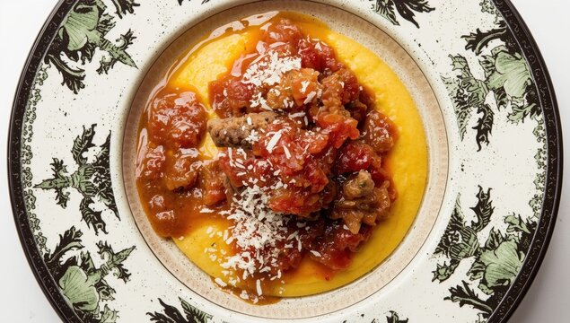 Contemporary Italian polenta alla sarda with sausage, ground meat ragu, and pecorino, presented from above on a decorative ceramic plate.