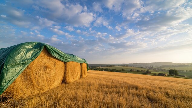 Straw bales covered with a green tarp for rain protection in August near Brelingen, Hanover, Lower Saxony, Germany.