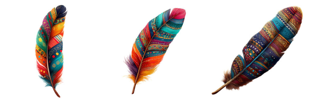 Set of ingle eagle feather standing upright, indigenous cultural style on transparent png background. Ai generated