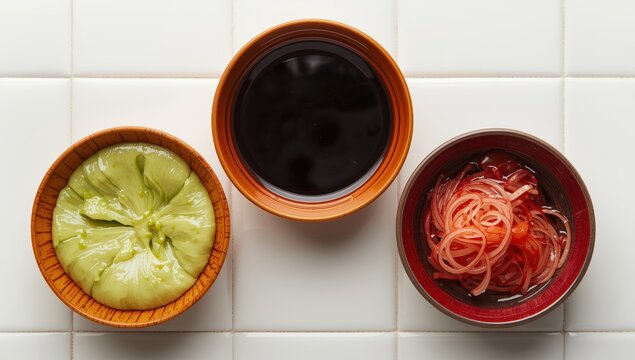 Closeup of bowls containing wasabi, soy sauce, and pickled ginger on a white tile surface.