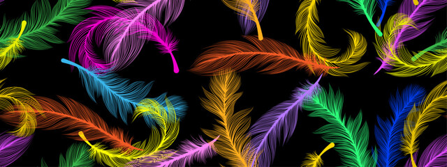 Naklejka premium seamless continuous pattern of bright multicolored light feathers on a black background, long.eps
