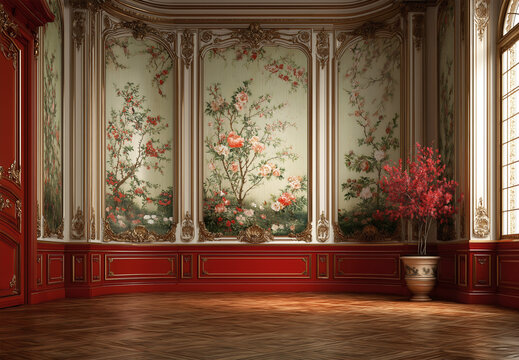 Ornate baroque rococo ballroom backdrop, chinoiserie floral murals, red lacquered wainscoting, gilded gold moldings, and herringbone parquet floor.