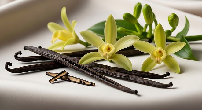Fragrant vanilla beans and delicate orchids displayed artistically