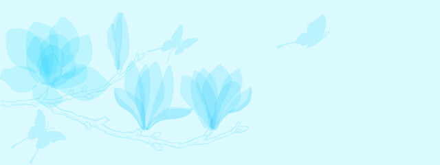 Naklejka premium blue flowers magnolia and blue butterfly on a blue background.eps