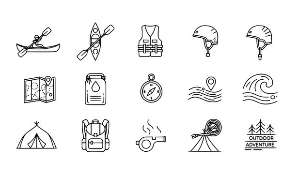 Canoeing 15 icon set kayak paddle outdoor adventure outline vector