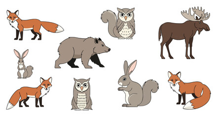Fototapeta premium Collection of diverse forest animals including fox, owl, bear, moose, rabbit, and squirrel