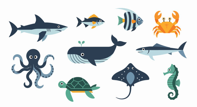 Collection of diverse cartoon sea animals illustrations set on a clean white background